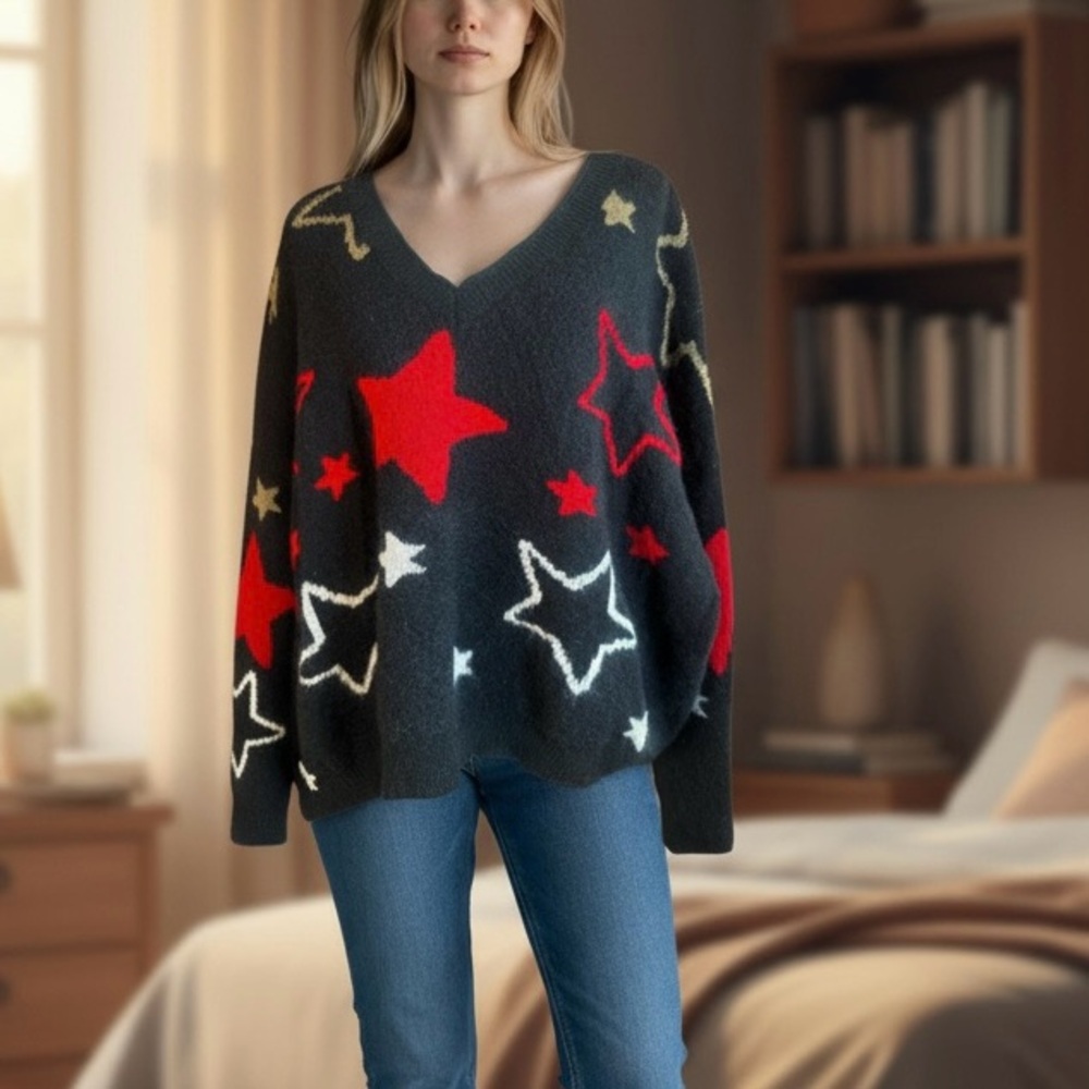 POL NWOT V-Neck Sweater with Red and White Stars - Picture 10 of 10